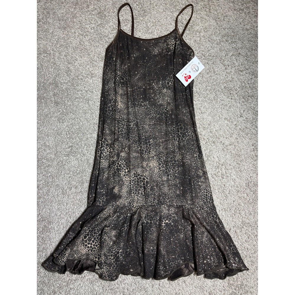 S.H.E. Leopard Print Shimmer Ruffle Hem Midi Dress Brown Tan XS New